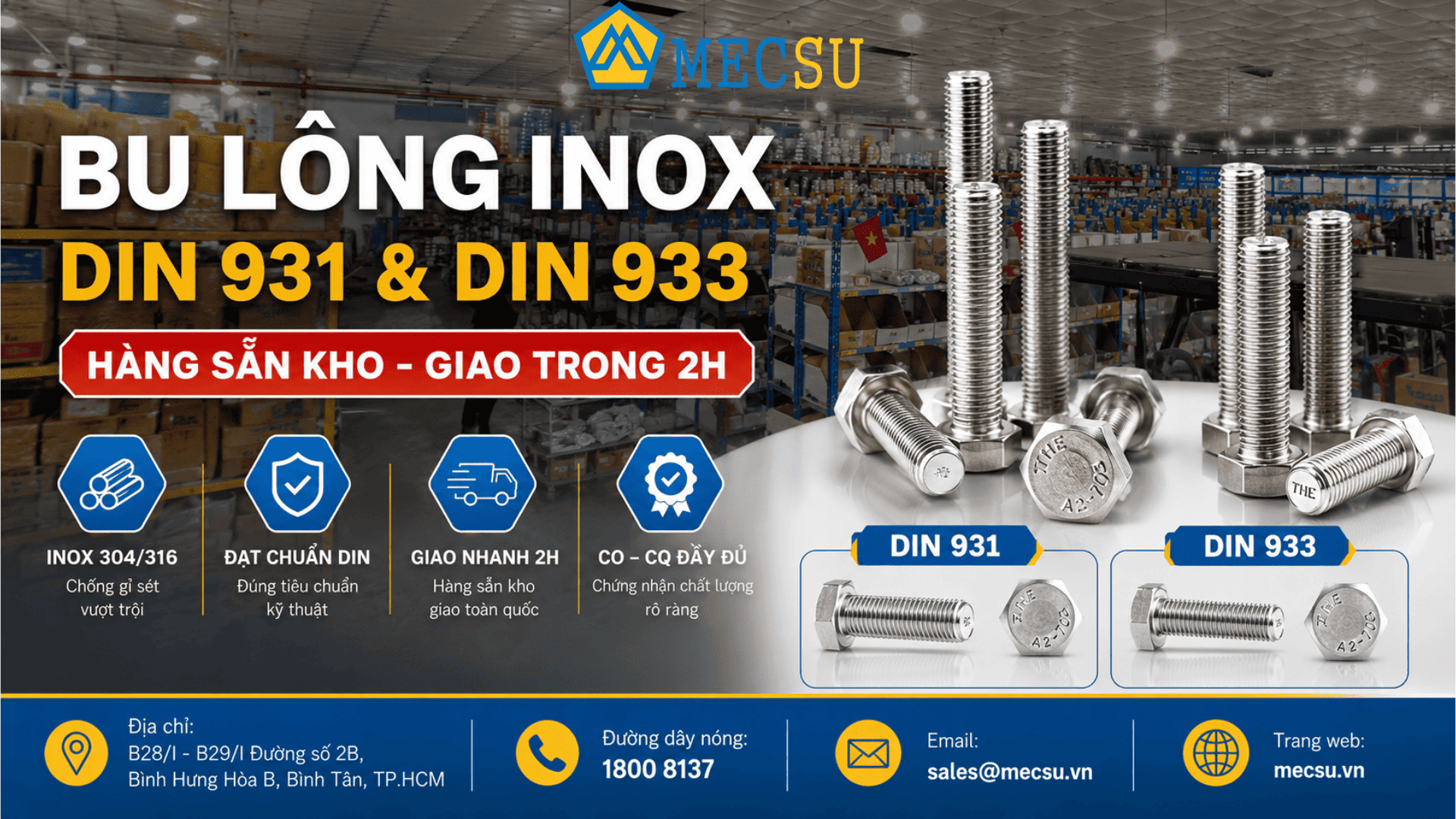 Bảng Kích Thước Bulong Inox M4-M30 Chuẩn DIN 931, DIN 933 Mới Nhất 2026 